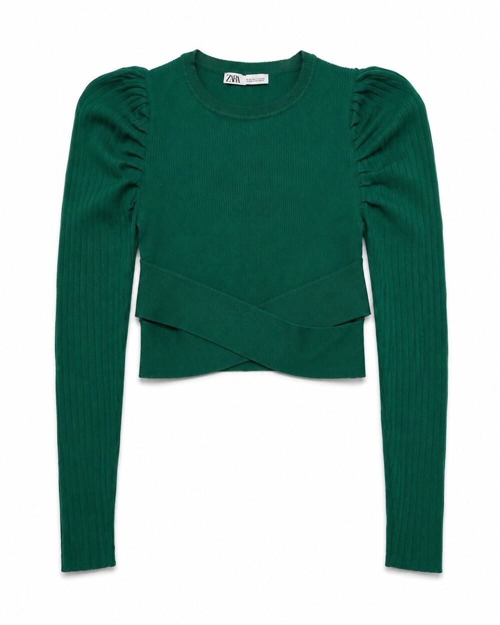 ZARA WOMEN’S GREEN RIBBED KNIT CROPPED SWEATER PUFF SLEEVE WRAP WAIST M